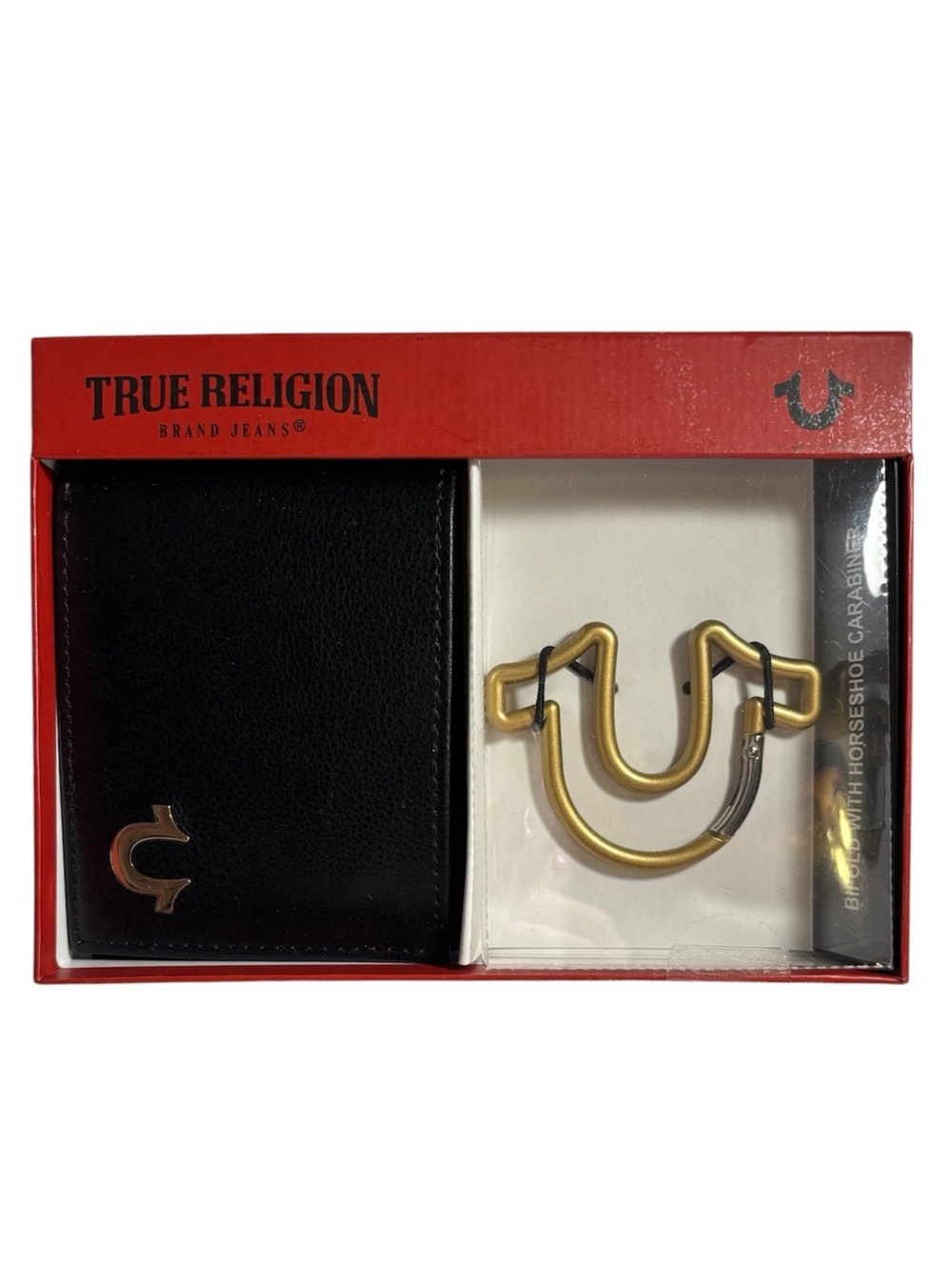 True Religion Bifold Wallet with Carabiner Gift Set Black Wallet Gold Carabiner